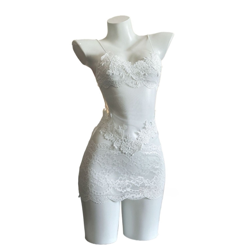 Embroidery Outfit - Seksowna koronkowa sukienka bez ramiączek z